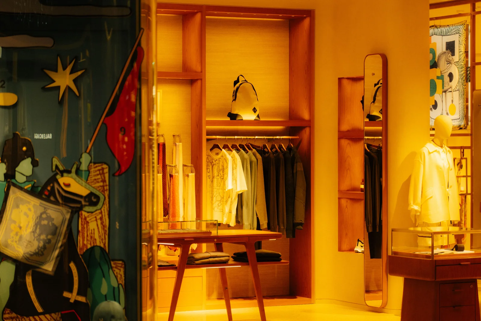Boutique interior with clothing displayed along a wall and racks, lit so each garment face is readable at eye level