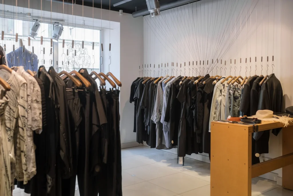 Long ceiling track run lighting rails of garments down both sides of a modern clothing store aisle