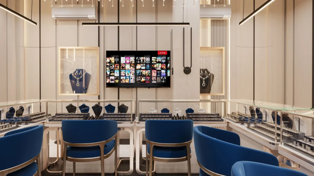 Modern jewelry store interior with a dark track ceiling, glass counter cases and blue seating lit by narrow-beam track heads