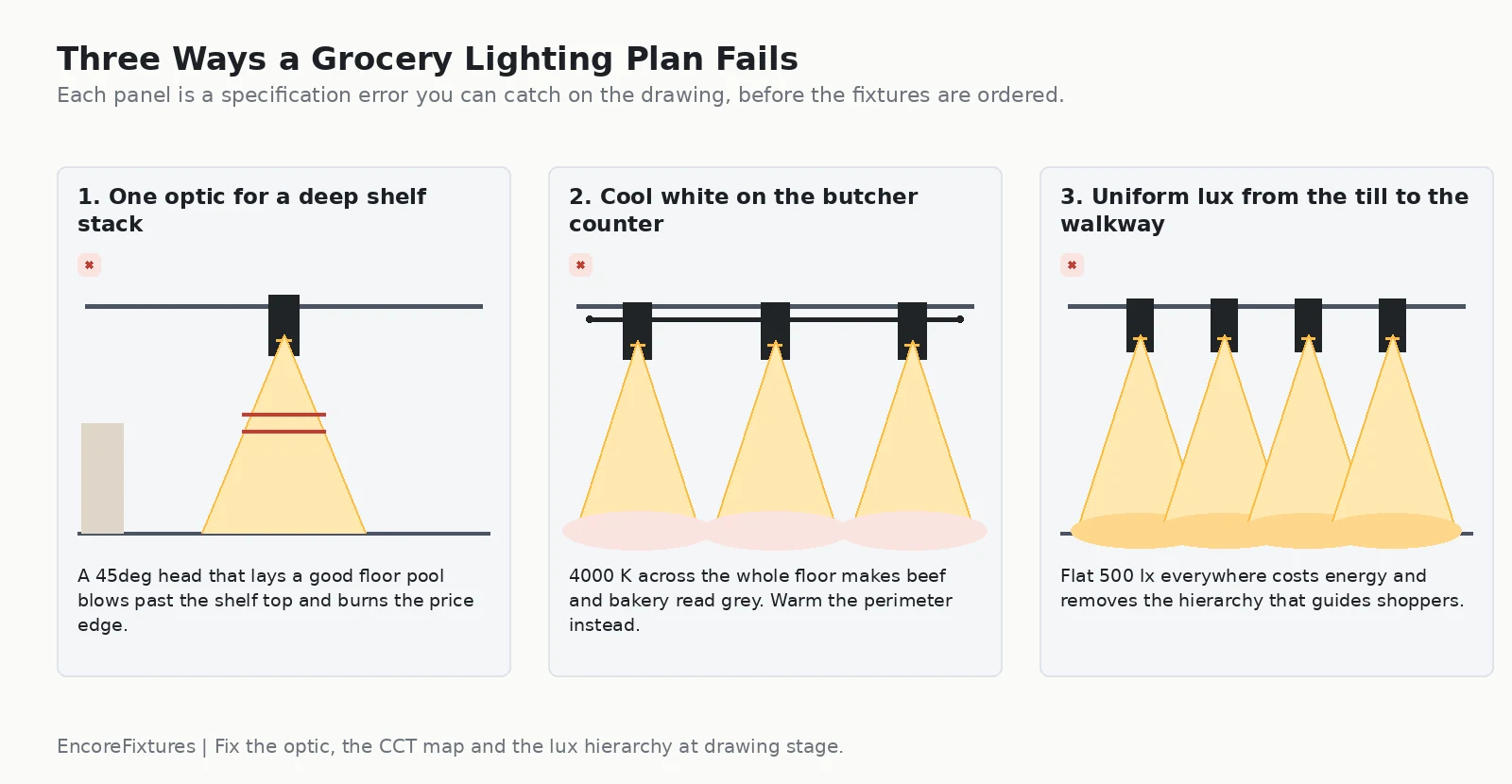 Diagram of three supermarket lighting specification errors: one optic for a deep shelf stack, cool white on the butcher counter, and uniform lux from the till to the walkway